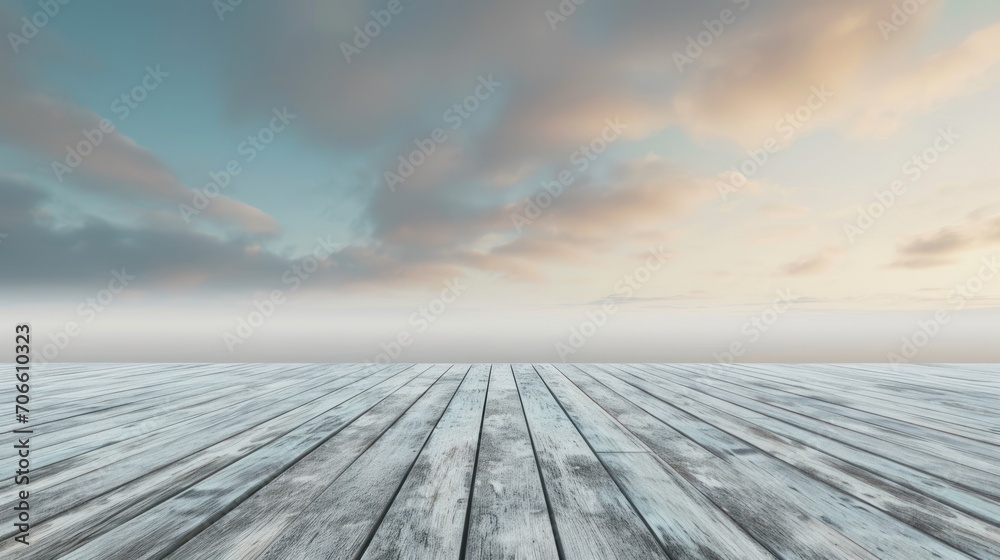 Wooden Floor With Cloudy Sky in Background