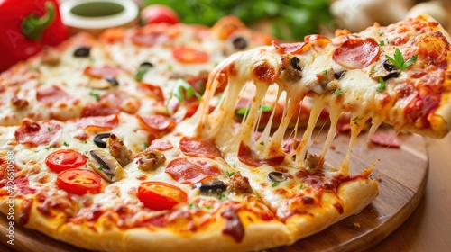 Slice of Pizza Lifted With Fork, Delicious Fast Food Photo of a Tasty Snack