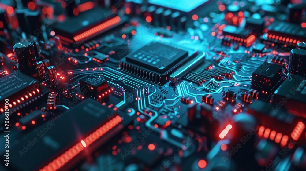 Close Up of Computer Motherboard With Red Lights Close Up of Computer Motherboard With Red Lights