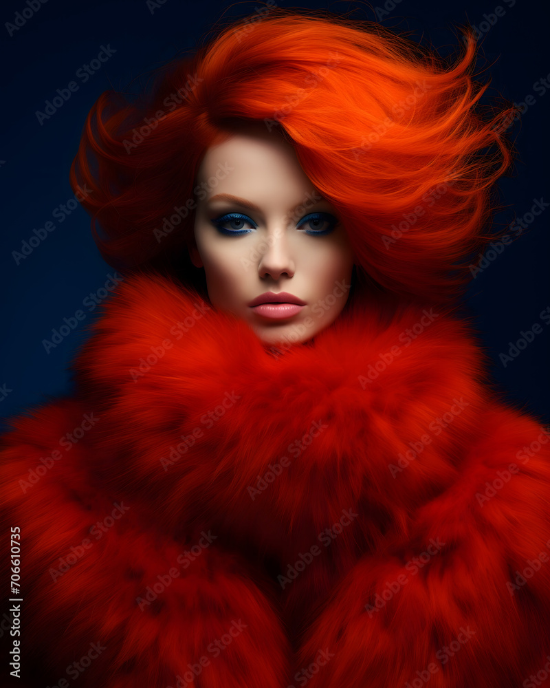 Glamorous beautiful red hair woman wearing fur coat. Glamorous beautiful red hair woman wearing fur coat.