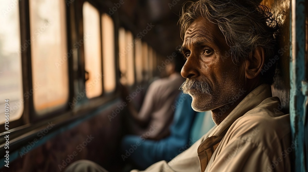 An old man from East India takes a train. Created with Generative Ai technology.