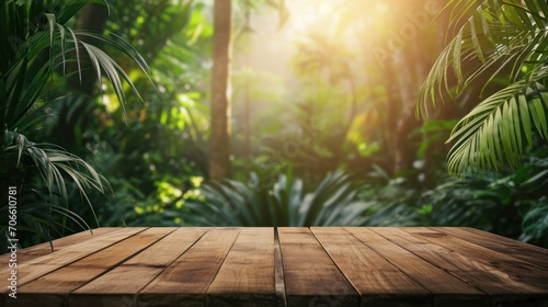 Wooden Table in Front of Jungle Background