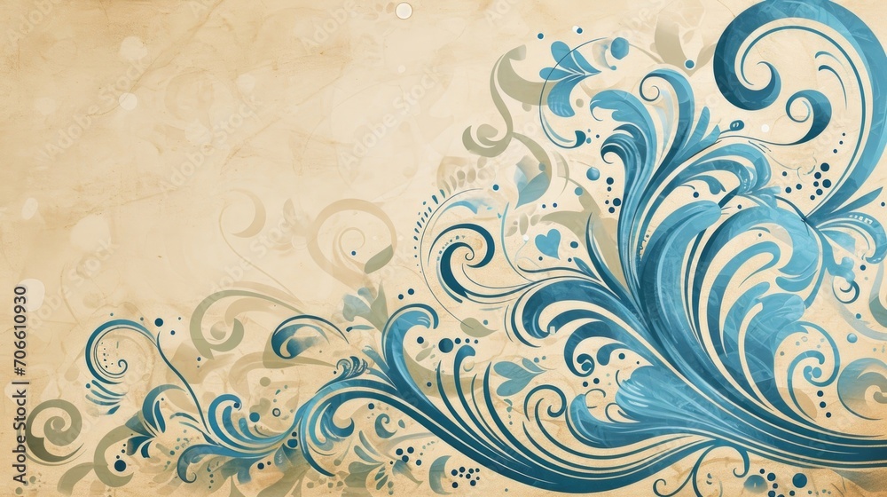 An abstract swirl pattern in shades of blue on a textured beige background