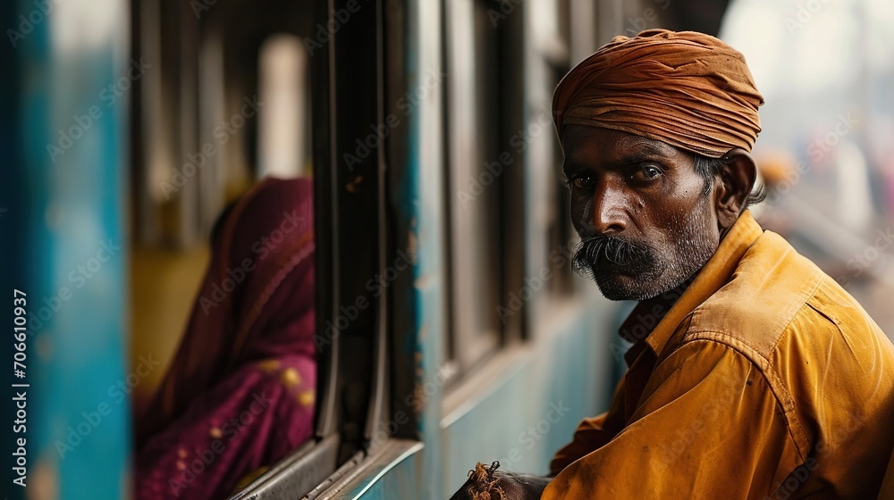 An old man from East India takes a train. Created with Generative Ai technology.