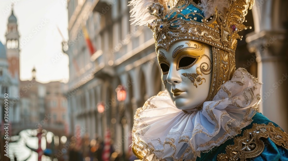 Person in an elaborate mask and costume at Venice Carnival, with canal and architecture in the background.