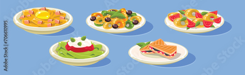 Pasta, Sandwich and Salad on Plate on Blue Background as Served Food Vector Set