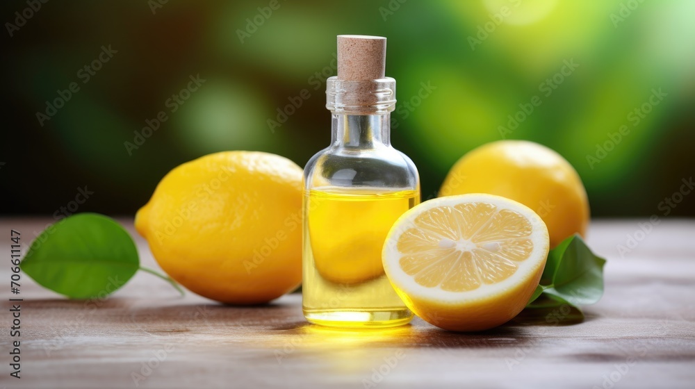 A bottle of lemon essential oil with fresh lemons and green leaves. A bottle of lemon essential oil with fresh lemons and green leaves.