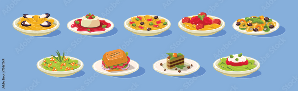 Pudding, Pasta, Sandwich and Dessert on Plate on Blue Background as Served Food Vector Set Pudding, Pasta, Sandwich and Dessert on Plate on Blue Background as Served Food Vector Set