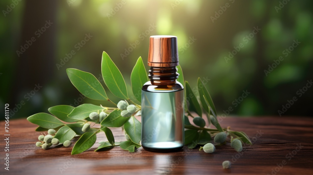 Essential oil bottle with green leaves on a white background. Essential oil bottle with green leaves on a white background.