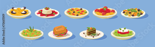 Pudding, Pasta, Sandwich and Dessert on Plate on Blue Background as Served Food Vector Set