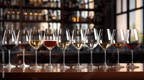 an array of wine glasses, each holding a different wine, neatly arranged on a sophisticated bar counter