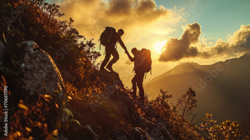 Silhouette photo of mountain climber helping his friend to reach the summit, showing business teamwork, unity, friendship, harmonious concept.	