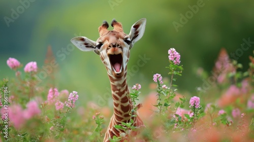 Baby Giraffe Yawning in Flower Field