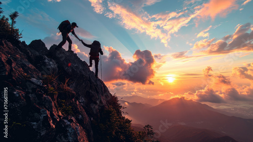 Silhouette photo of mountain climber helping his friend to reach the summit, showing business teamwork, unity, friendship, harmonious concept. 