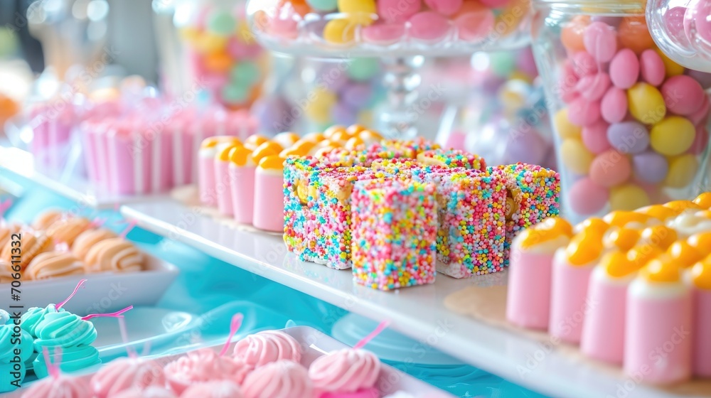 A colorful candy buffet spread with a variety of sweets and treats on display. A colorful candy buffet spread with a variety of sweets and treats on display.