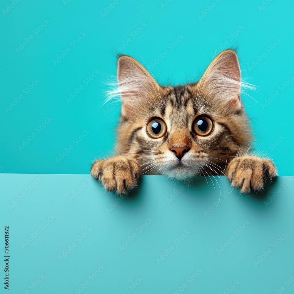 Cat Peeking Out From Behind Blue Wall - Cute Feline Curiously Observing Surroundings Cat Peeking Out From Behind Blue Wall - Cute Feline Curiously Observing Surroundings