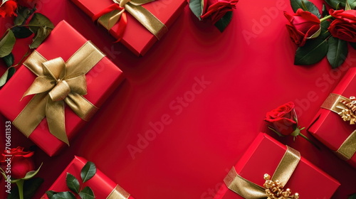 Red gift boxes with golden bows and roses on a red background, Valentine's day © mashimara