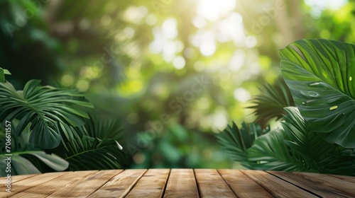 Wooden Table With Green Leaves in the Background