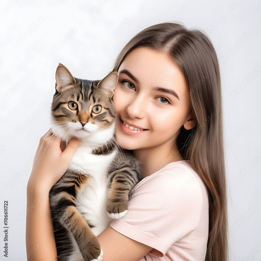 a handsome young girl with cute cat isolated on white background a handsome young girl with cute cat isolated on white background