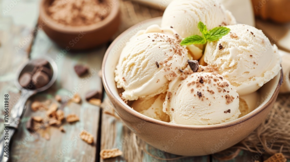 Fototapeta premium Three Scoops of Ice Cream in a Bowl, Delicious and Refreshing Dessert Treat