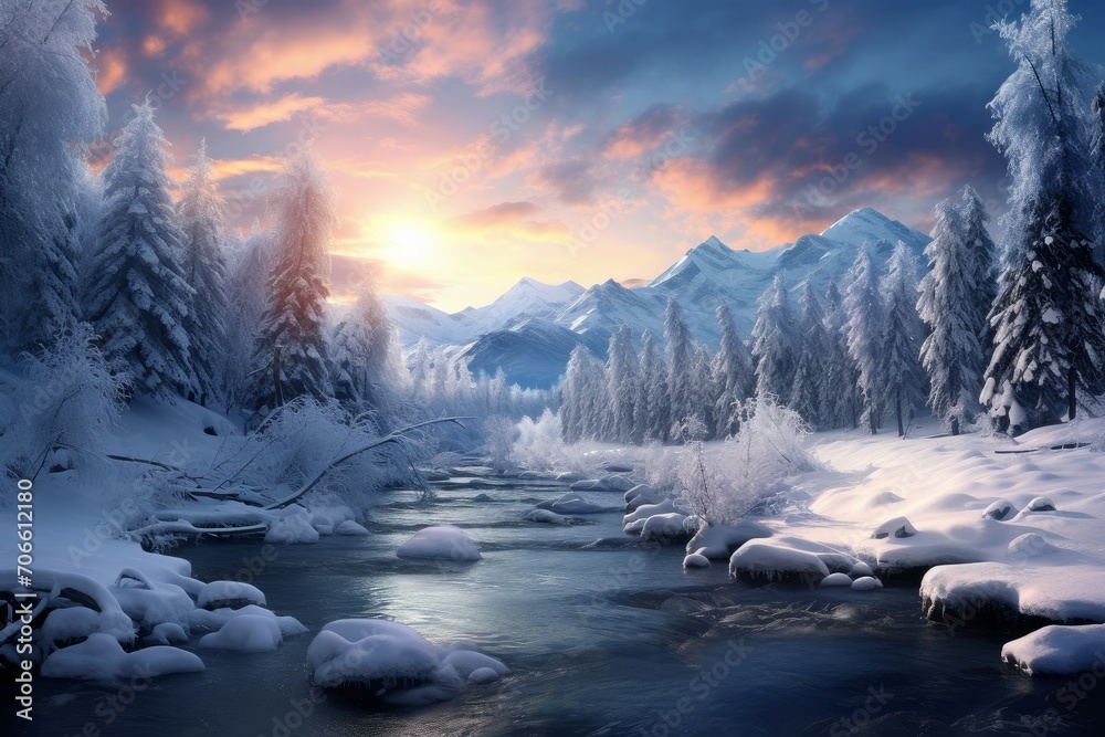 Fototapeta premium Tranquil Magic winter blurred landscape cold. Festive forest. Generate Ai