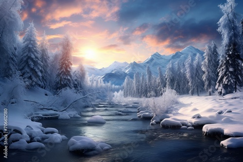 Tranquil Magic winter blurred landscape cold. Festive forest. Generate Ai