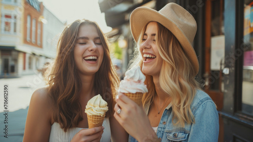 Beautiful women eating ice cream in walk