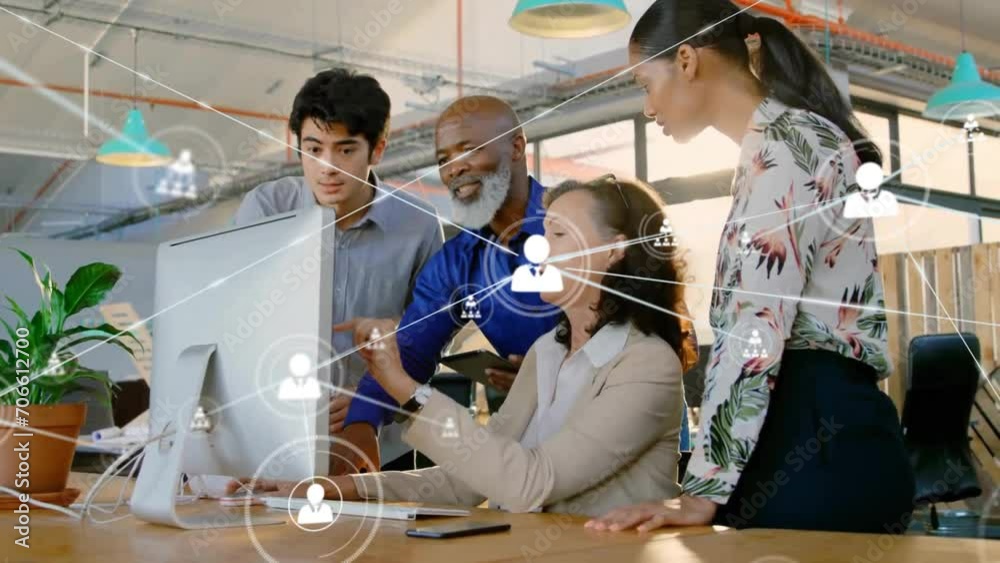 Animation of network of connections over diverse business people discussing work in office Animation of network of connections over diverse business people discussing work in office