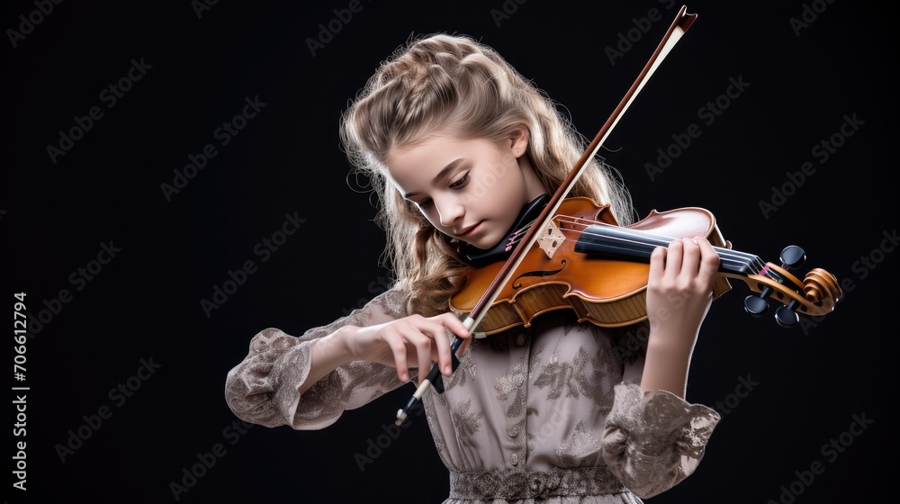 beauty of a young girl with her violin, crafting a captivating portrait of a talented little violinist against
