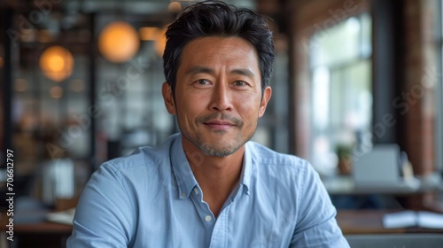 A smiling middle-aged Asian businessman in a formal, blue shirt sits confidently at his desk in an elegant modern  office.