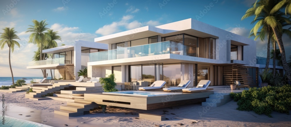 Fototapeta premium Beachfront villa construction. Modern home renovation near sea.