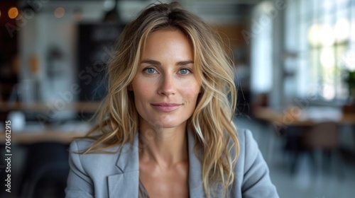 Smiling middle-aged businesswoman in a formal suit sits confidently at the table