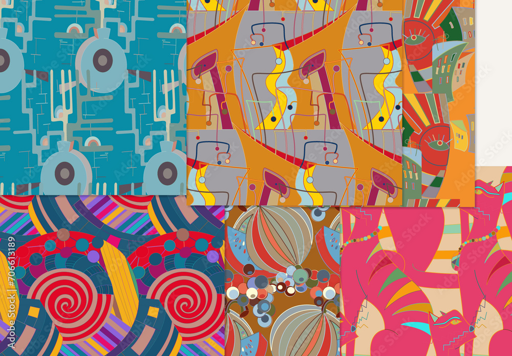 Set of Abstract Seamless Patterns with Cubism Art Elements and Graffiti ...