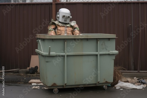 Broken humanoid robot in a dumpster