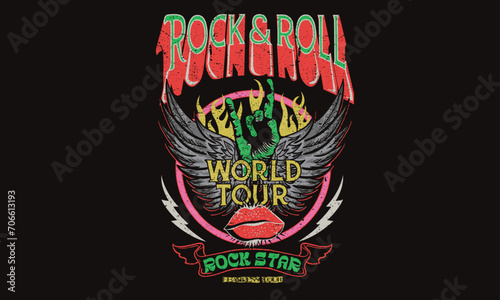 Eagle wing and fire design. Microphone music poster design. Rock and roll vintage print design. Guitar vector artwork for apparel, stickers, posters, background and others. lip and rock hank sketch.
