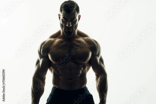 A silhouette of muscular man with a bare chest stands in front of a white background  exhibiting a fierce expression.