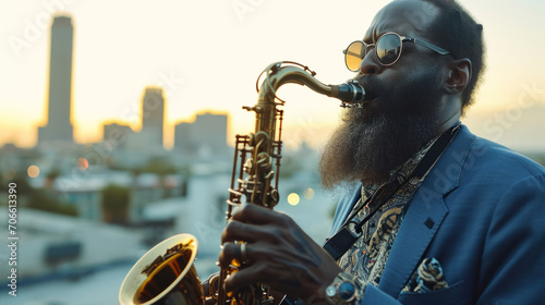 A bearded black American man plays a saxophone photo