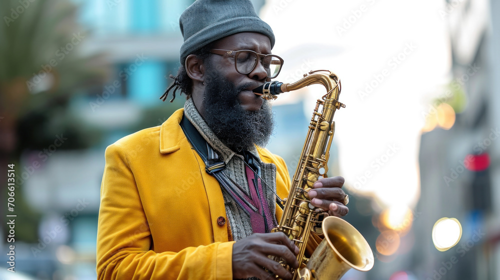 A bearded black American man plays a saxophone background is a city - obrazy, fototapety, plakaty 