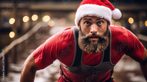 Determined runner in Santa hat braves exhilarating obstacle event