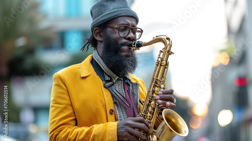 A bearded black American man plays a saxophone background is a city