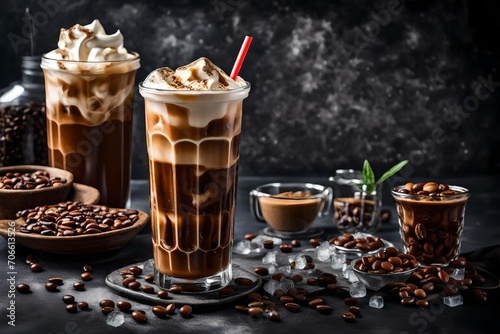 Ice coffee in a tall glass with cream poured over, ice cubes and beans on a dark concrete table.  