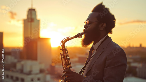 A bearded black American man plays a saxophone silhouette is a city during sunset photo