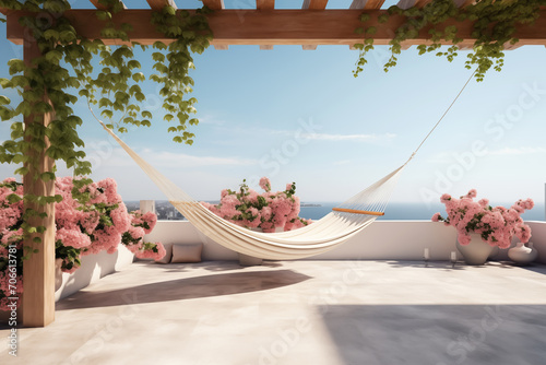 Outdoor roof terrace with hammock and potted plants overlooking the sky and sea