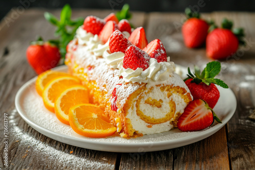 Sponge roll with cream, strawberries, and orange fruits on a white plate against a wooded table background. Homemade food.