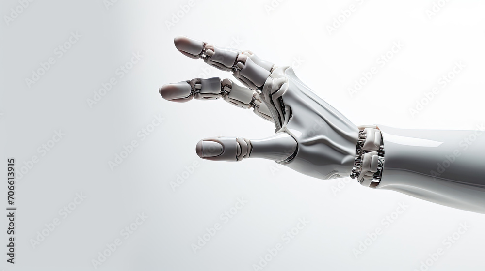 Fototapeta premium Metallic white robotic hand forms peace sign against brilliant backdrop