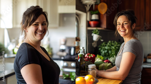 Healthy Lifestyle Transformation: Before and After. Side-by-side images showcasing a woman's weight loss journey, smiling confidently in kitchen, surrounded by healthy food choices. photo