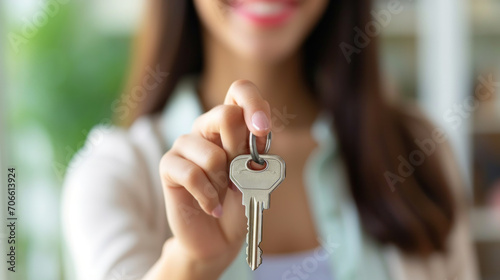 Close-up of woman holding house key in new home