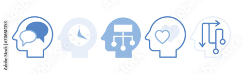 Blue Head with Brain as Icon of Imagination and Mind Power Vector Set