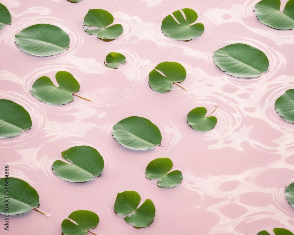 Green Leaves on Rippled Pink Water Surface Green Leaves on Rippled Pink Water Surface