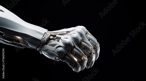 Metallic robotic fist collides with human fist symbolizing harmony